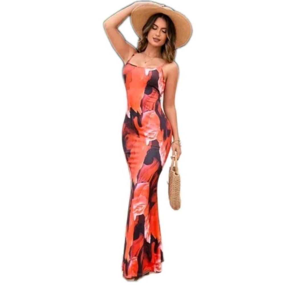 HTZMO Women's Small Floral Maxi Dress Bodycon With Spaghetti Straps